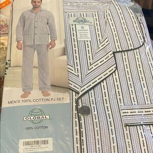 GLOBAL Men’s 100% Cotton Striped Pajama Set - White & Navy Small